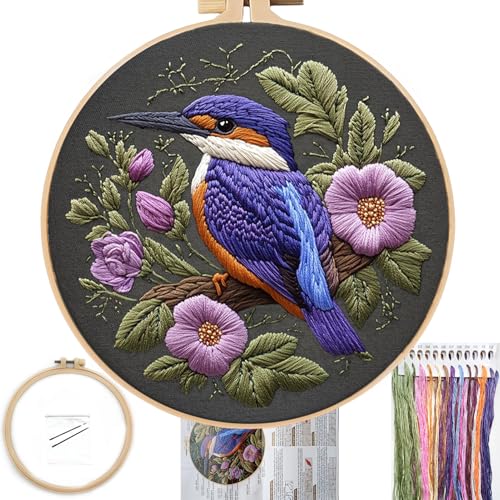 Image of FONNUY Embroidery Kit for Beginners, Birds with Flowers Pre-Stamped Pattern Kits for Adults with Hoop, Easy to Follow Color Thread Needlework, 8'' Hoop (Purple 1)