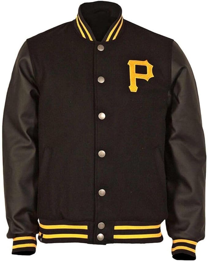 Mens Pittsburgh P Logo Baseball Varsity Pirates Black Letterman Bomber Jacket