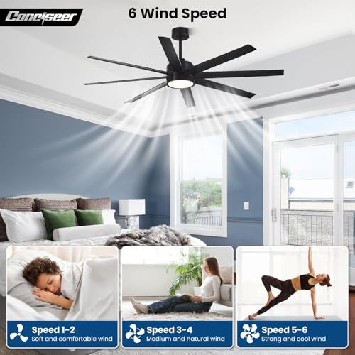 Image of Modern Ceiling Fans with Lights, 65 Inch Ceiling Fan with Light and Remote for Bedroom Living Room Kitchen Office, Indoor /Outdoor Use, 24W 6CCT 8 Blades 6 Speed Reversible Quiet DC Motor, Black