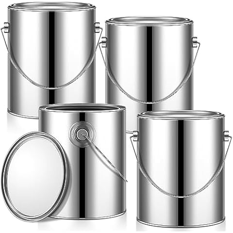 Uiifan 4 Pcs 1 Gallon Empty Paint Cans with Lids Metal Paint Bucket with Handle Paint Containers Paint Pail Tin for Paint Varnish Craft DIY Art Supply Storage (Silver) Cover