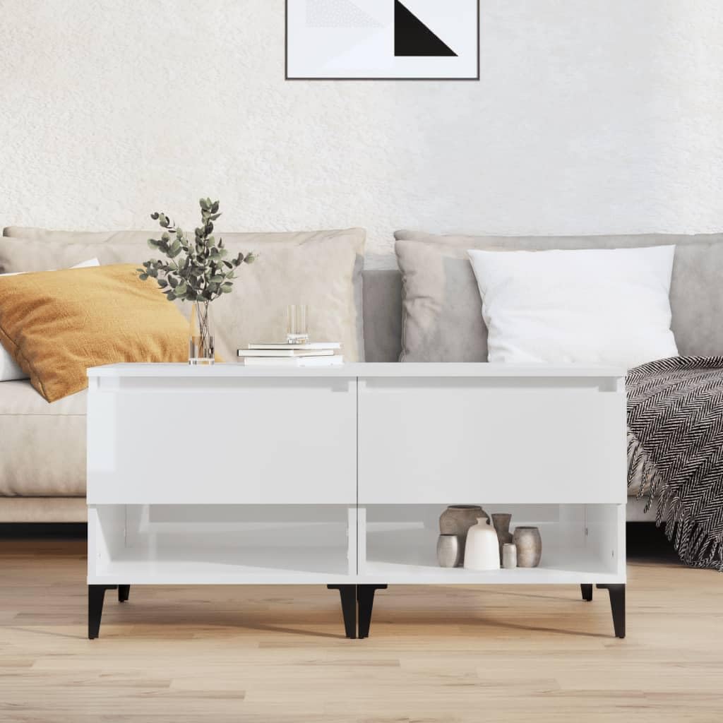 Stoliki pomocnicze 2 szt. biały wysoki połysk 50 x 46 x 50 cm materiał drewnopochodny z szufladą i półką do przechowywania, przemysłowy stolik kawowy z metalowymi nóżkami i uchwytem ściennym