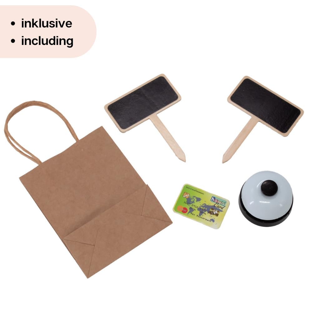 howa Kaufladen 47551 - Negozio di mercanti in legno, con cassetta e lettore di carte giocattolo, lavagna per gesso, vetrina, campanello, giocattolo in legno naturale/beige