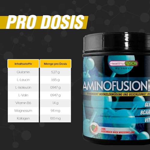 Healthy Fusion AminoFusion PRO | BCAAs + Glutamin + Vitamin B6 | 100 % reine BCAAs | Sportnahrung für Muskelaufbau, weniger Müdigkeit & schnellere Regeneration | Wassermelone – 300 g