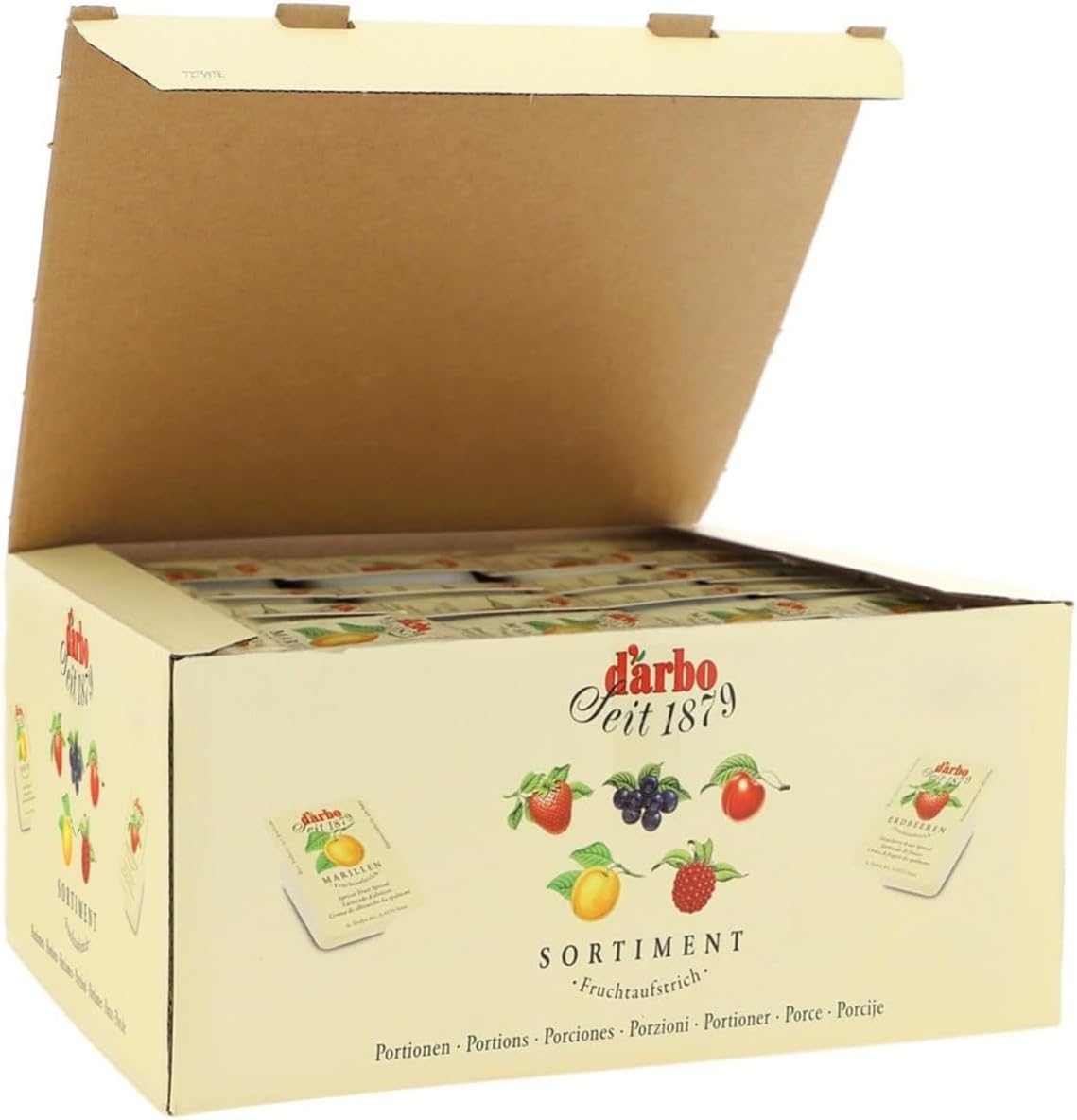 Darbo, Confetture Spalmabili Assortite, Mix di Marmellate Monoporzione al Lampone, Fragola, Albicocca, Ciliegia e Mirtillo Nero, 100 Confetture da 25 g, 20 Porzioni per Gusto, Formato Convenienza