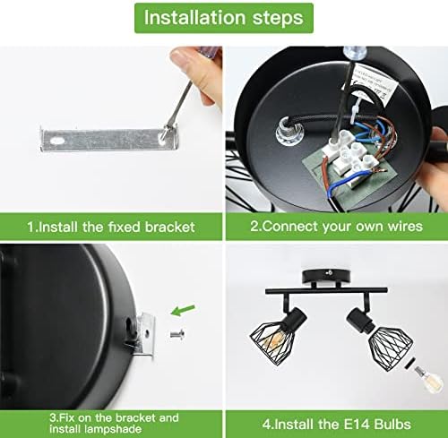 Kimjo Wall Spotlight Rotatable, Spot Light Ceiling Black Wire Cage Spot Bar Lighting Industrial, 2 Way Kitchen Light Fittings Indoor for Lounge Bedroom Hallway, E14 Base (No Bulbs)