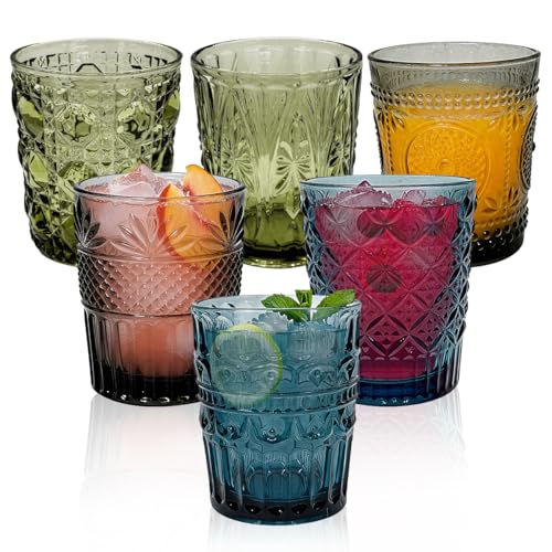 ZXBBTZ 6 PCS Vasos de Cristal para Agua 320ml, Vasos Vidrio Colores con Relieve, Vasos Whisky Cristal Vintage, Vaso Romantico para Cóctel Té Jugo Bebidas Leche y Licores - Aptos Para Lavavajillas