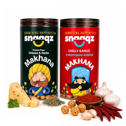 Image of SNAAQZ Roasted Makhana Combo - Cheese & Herbs + Chilly Garlic | Roasted Not Fried | High Protein Vegan Snack | Gluten-Free Foxnuts | Healthy Tiffin Snack | Spicy Cheesy Makhana | Air-Popped Munchies