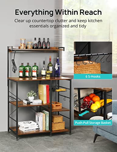 Evajoy Baker’s Rack with Power Outlet, 6-Tier Kitchen Storage Rack, Coffee Bar with Storage Basket, Microwave Oven Stand with 6 S-Hooks, Table Organizer with Top Shelf, for Spices, Pots, Pans - Image 4