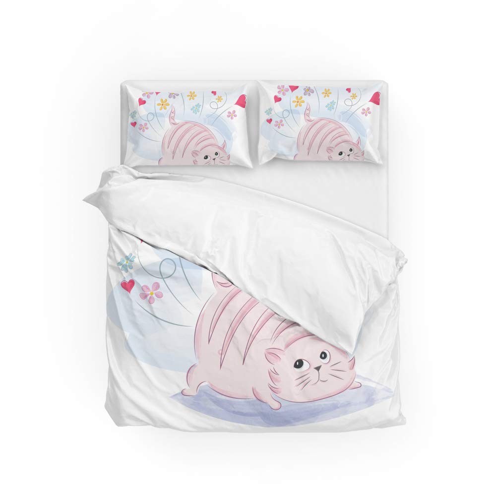 Housse de couette chaton rose en polyester doux avec taie d'oreiller lit double