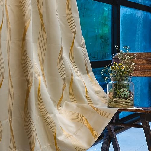Image of Urban Space 80-85% True Blackout Curtains for Window, Gold Foil Printed Blackout Curtains, Decorative Window Curtain Eyelet with Tieback, 1 Piece Curtain for Living Room(Double Wave Beige, 5 Feet)
