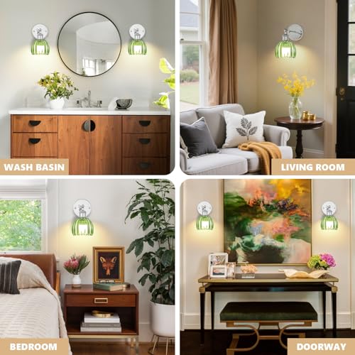 Image of Vintage Battery Operated Wall Sconce, Green Tulip Glass Lampshade Wireless Rechargeable Battery Powered LED Wall Light with Remote Dimmable for Bedside Bedroom Living Room, Silver, Set of 2