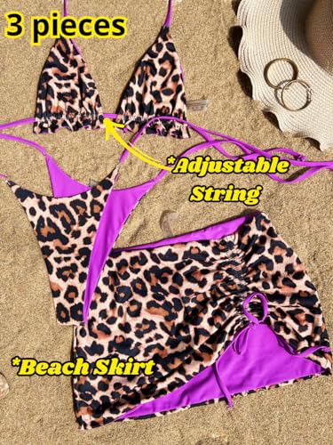 Image of ShawGobow Womens 3 Piece Leopard Bikini Set,Triangle String High Cut Thong Sexy Swimsuit & Coverup Skirt,Pool Party Outfit