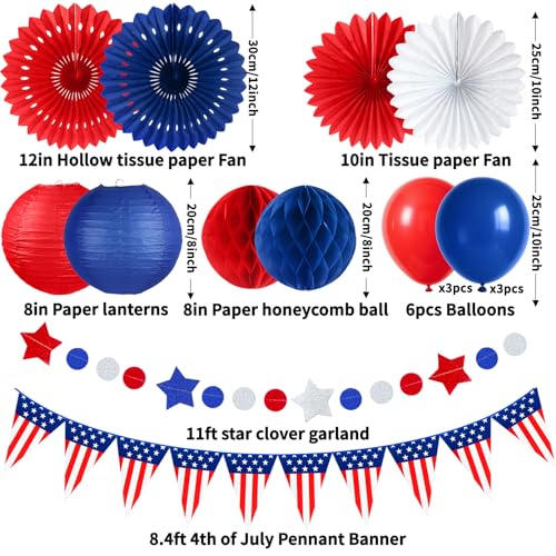 Image of 16PCS 4th of July Patriotic Decorations Set - Red White Blue Party Supplies with Paper Fans, Balloons, USA Flag Pennant - Memorial Day, Veterans Day, Election & Independence Day Party Decor