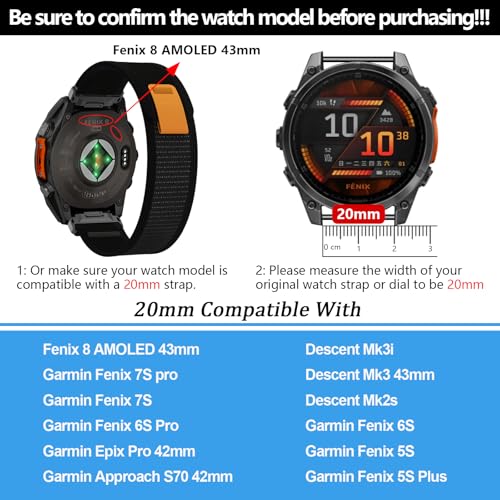 Nylon 20mm Watch Band for Garmin Fenix 8 AMOLED 43mm/7S Pro/6S Pro/5S Plus/Approach S70 42mm