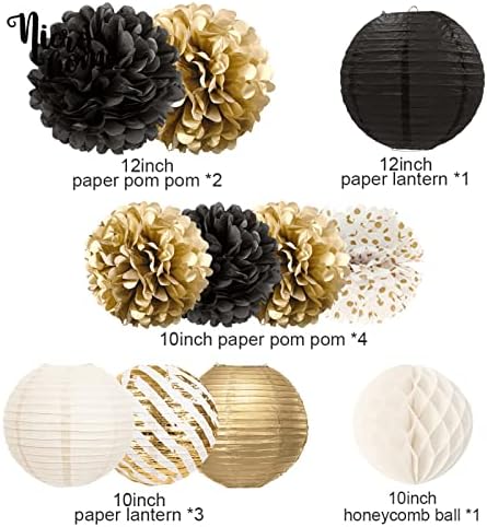 NICROHOME Black and Gold Party Decorations, 12PCS Hanging Tissue Paper Pom Poms Paper Lanterns Confetti for New Years Eve Decorations 2024, Graduation, Birthday, Baby Shower, Anniversary