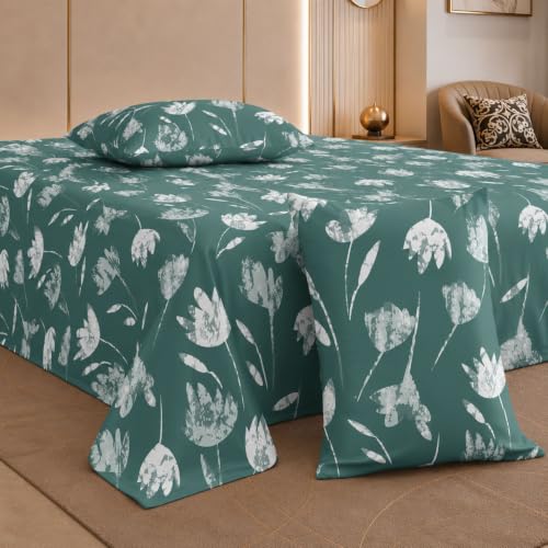 Image of Jaipur Weaves Cotton King Size Bedsheet 108x108 Super King, 100% Pure Cotton Bed Sheet with 2 Pillow Covers, 300 TC Soft Breathable Floral Design Bedding (Green Tulips, Super King)