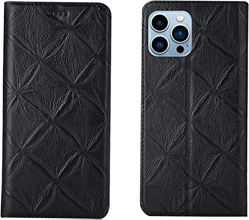 Funda para iPhone 14 Pro Max de cuero genuino negro con tapa de lujo