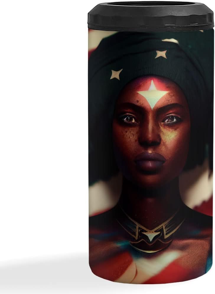 Girl Warrior Insulated Slim Can Cooler - USA Flag Can Cooler - Cool Graphic Insulated Slim Can Cooler