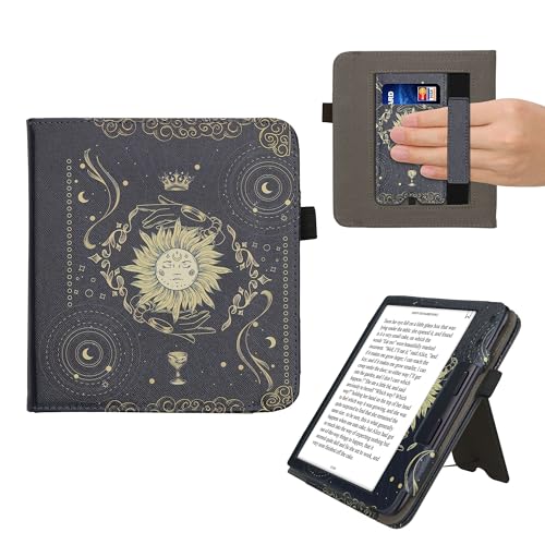 kwmobile Case Compatible with Kobo Libra Colour - Case PU Leather Cover with Magnet Closure, Stand, Strap, Card Slot - Tarot Card Dark Blue/Yellow/Black