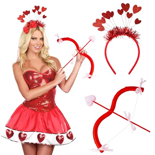 AIZHAZHA Amor Kostüm Damen Zubehör Set 2 Stück Amor Pfeil und Bogen mit Herz Haarreif Stirnband Haarschmuck Haarband Geschenk Cosplay Dekoration für Valentinstag Karneval Halloween Motto Party