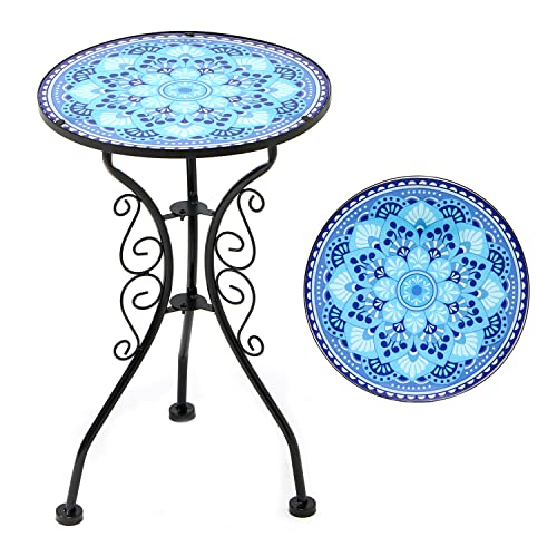 HL3NIGIM Outdoor Mosaic Side Table, 14\" Round Patio Side Table Accent Table Bistro Coffee Glass Table Plant Stand for Patio Porch Beach Theme Balcony Back Deck Pool Indoor Outdoor