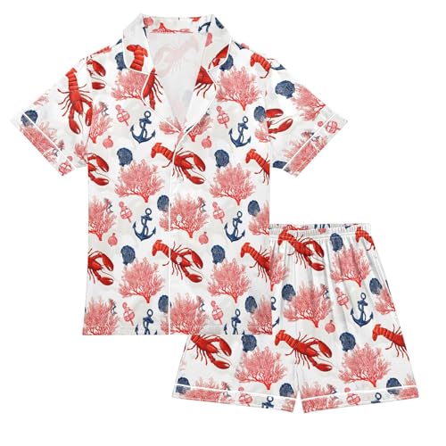 ALAZA Red Lobster Anchor Seashell Coral Reef Satin Pajamas Set Short Sleeve Button Down Sleepwear Summer Pjs 2 Piece