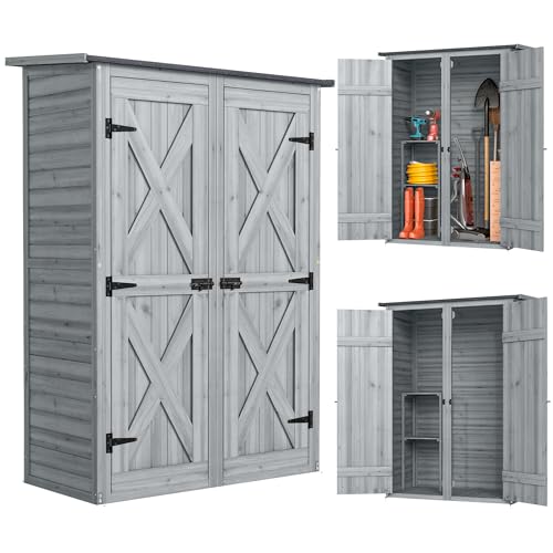 Outsunny Caseta de Jardín de Madera 115x53x156 cm, Cobertizo Jardín Exterior, Armario Exterior para Herramientas con Puertas Dobles con Pestillo, 2 Estantes y Techo Inclinado, Resistente, Gris