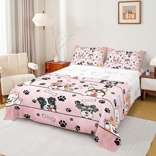 Linge de lit rose 4 pièces avec taies d'oreiller motif chien - 3