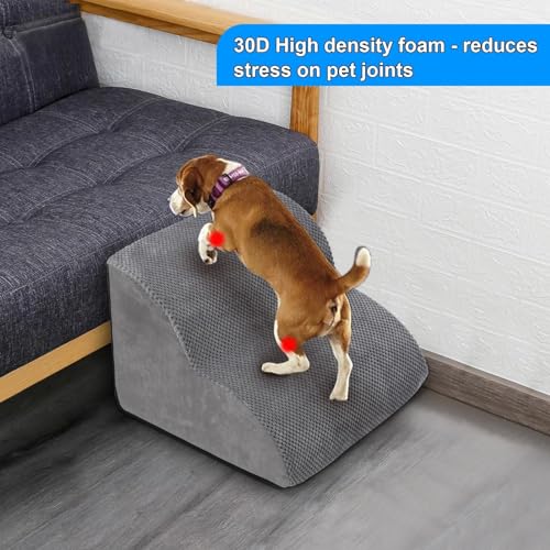 2 Stufen Hundetreppe für Bett und Sofa, LIANTRAL Haustiertreppe mit strapazierfähigem hochdichtem Schaumstoff und waschbarer Bezug und Tierhaarentferner-Rolle, reduziert Stress auf Tiergelenke, Grau