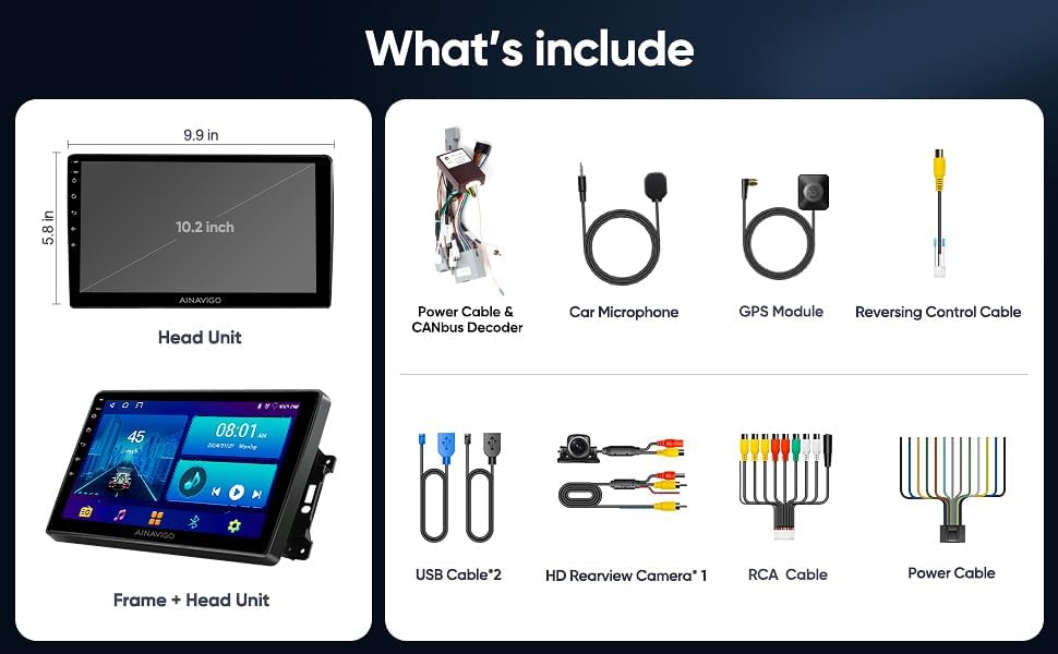 Diagram showing all included components: head unit, frame, power cable, microphone, GPS module, reversing control cable, USB cables, HD rearview camera, RCA cable.