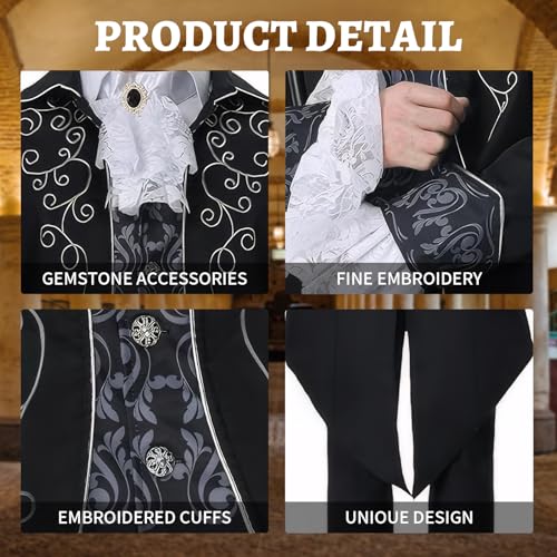 YQVGFBY Costume médiéval pour homme - Veste steampunk médiévale - Manteau gothique avec queue-de-morue de style victorien - Costume d'Halloween et de vampire de pirate - Taille B – vue 3