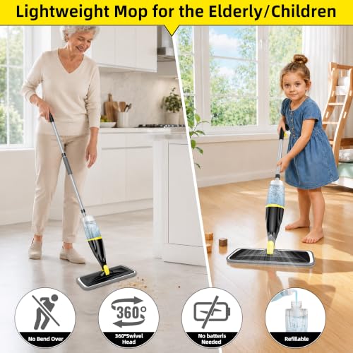 Image of Spray Mops for Floors Cleaning: Hardwood Floor Mop Wet Dust Mop Refillable | Swivel Head Lightweight for Elderly, 3 Washable Pads for Swiffer PowerMop, Microfiber Flat Mop, for Tile Vinyl Multi-surface