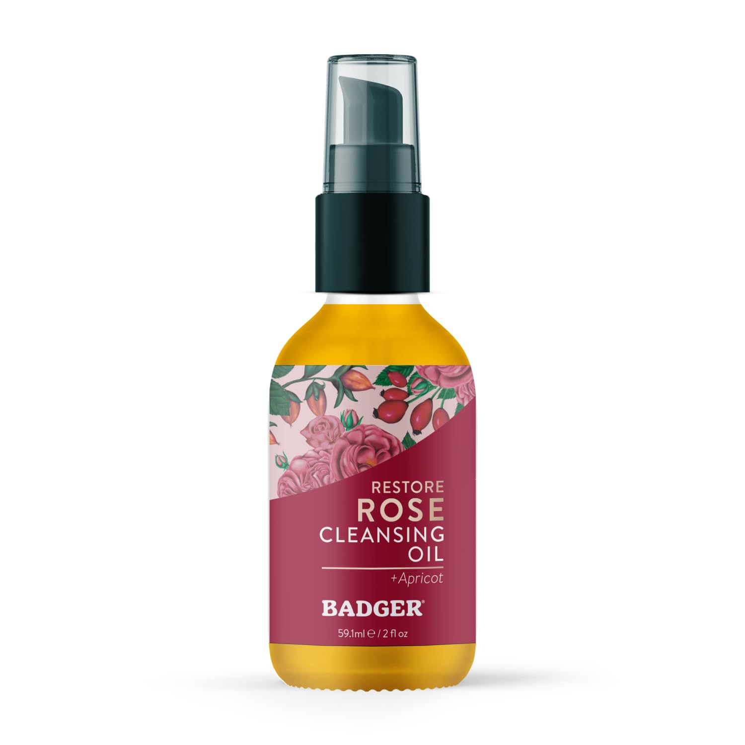 Badger Rose Face Cleansing Oil, Organic Facial Cleanser & Makeup Remover, Non-Greasy Moisturizing Skin Balancing Gentle Face Cleanser w/Pure Rose Oil, 2 fl oz Glass Bottle