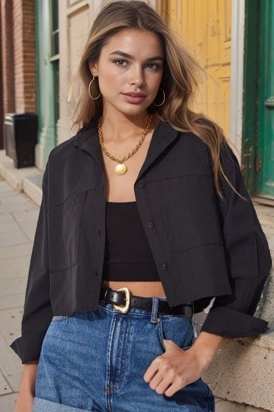 Zeagoo Womens Button Down Cropped Shirts Long Sleeve V Neck Solid Tops Casual Collared Blouse with Chest Pocket XS-XXL2