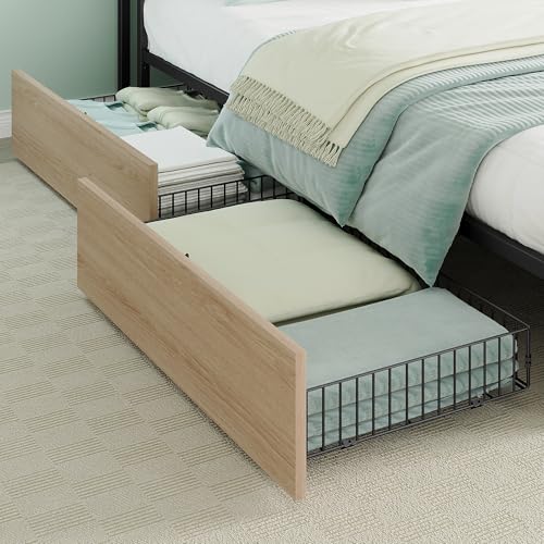 Image of LIKIMIO California King Bed Frame with 4 Storage Drawers, Platform Bed with Charged Headboard, Sturdy and Stable, No Noise, No Box Spring Needed, Easy to Install, Wood and Cream