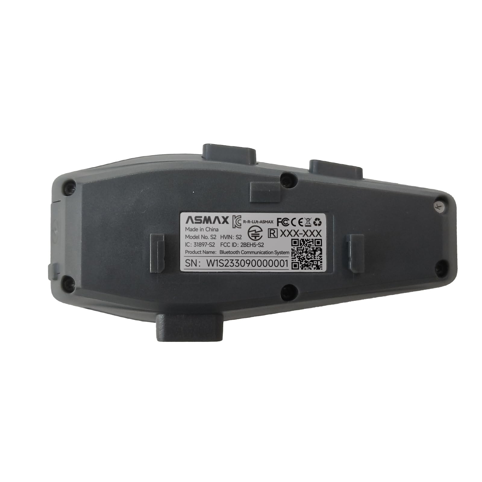 Back of the ASMAX S1 headset showing model number S2, HVIN S2, FCC ID 2BEH5-S2, and Serial Number W1S233090000001.