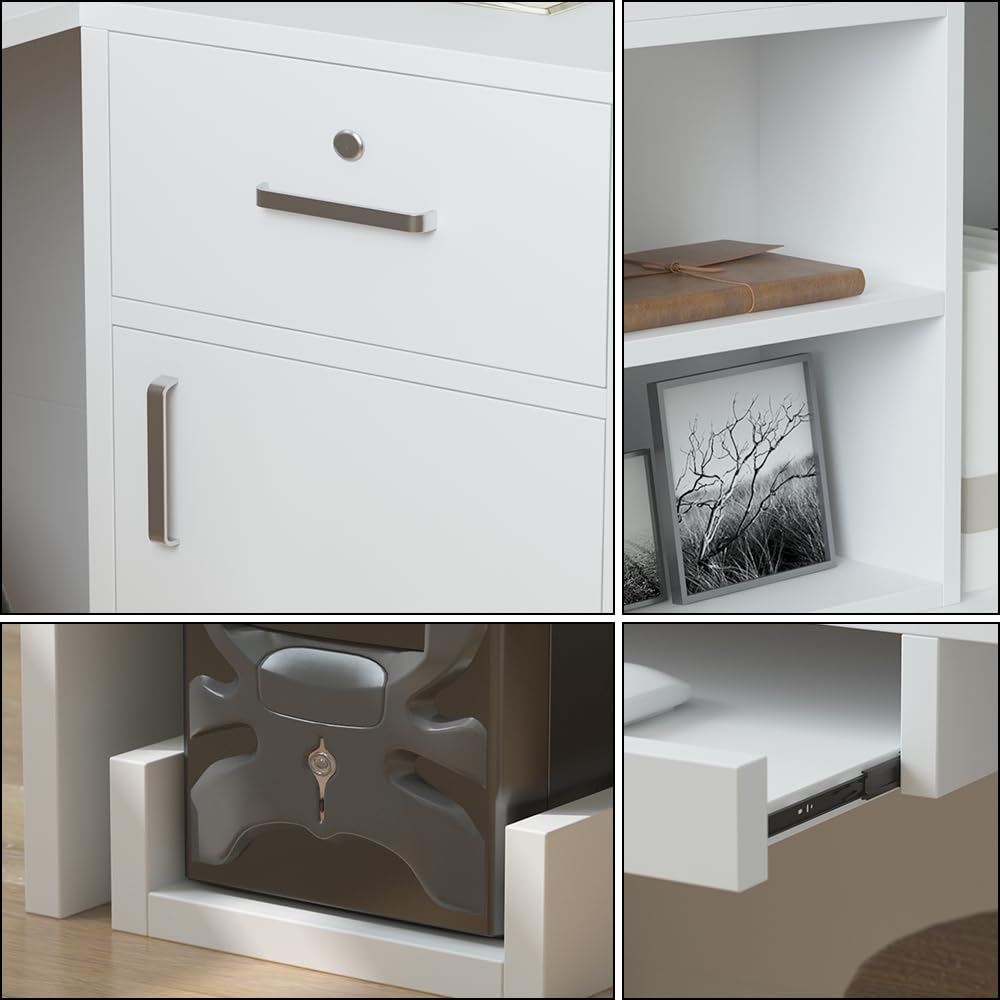 Mesa de Oficina con Bandeja para Ordenador y Estante Extraíble, Mueble Recepción con 1 Cajón y 1 Armario, Mostradores de Recepción, Mostrador Basic,‎ 80 x 140 x 120 CM, Blanco, MDF