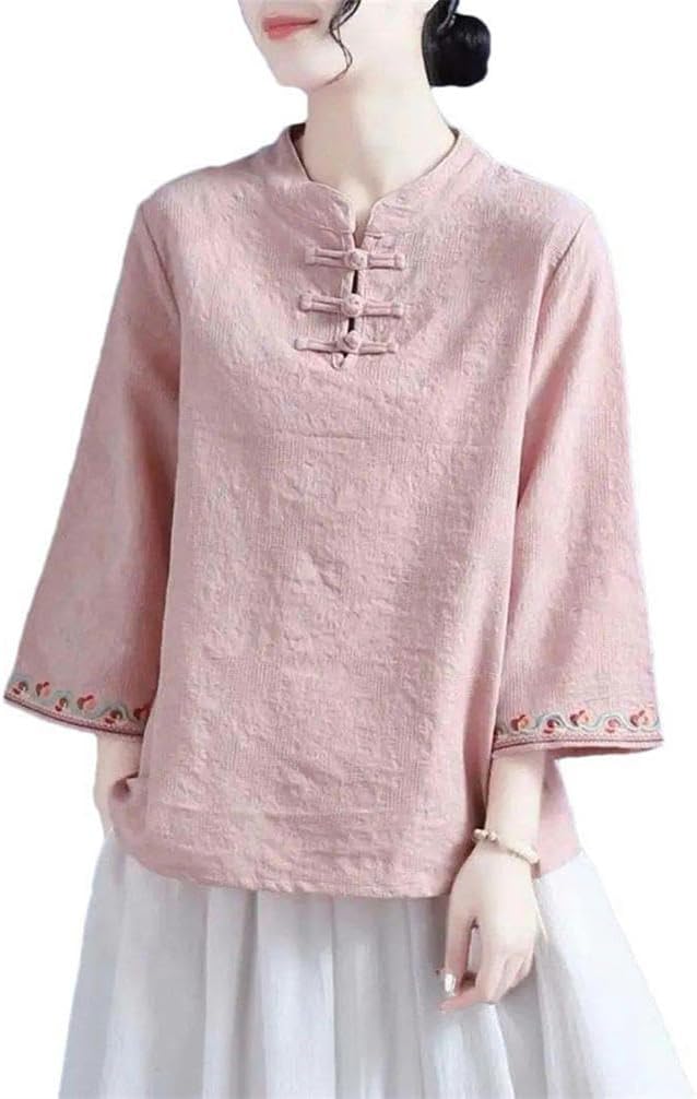 Women's Pullover Summer Cotton Embroidery Chinese Style Flared Sleeve Casual Button Lightweight Breathable Shirt