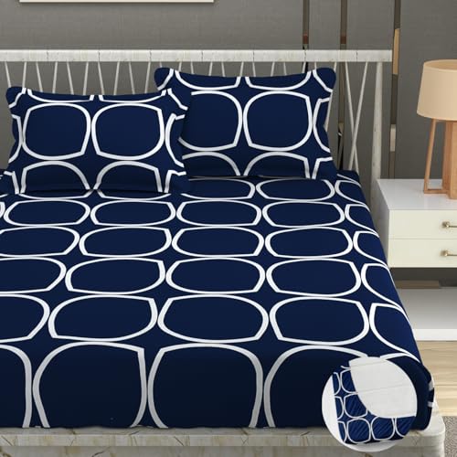 Image of Vram Premium Heavy Cotton Elastic Fitted Bedsheets with 2 King Size Pillow Covers || Double Bed with All Around Elastic 350 TC || 60 x 78 x 8 Inch Queen Size Fitted || :- Blue Round