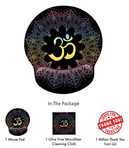 Spiritual Symbols Ohm Mandala Print Ergonomic Design Mouse Pad with Wrist Rest Hand Support. Round Large Mousing Area. Matching Microfiber Cleaning Cloth for Glasses & Screens. Great for Gaming & Work