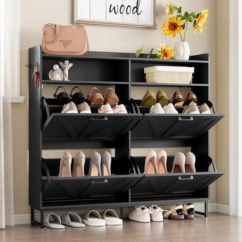 Image of BORNOON Shoe Cabinet with 4 Flip Drawers Narrow Shoe Storage Cabinet Organizer Wooden Freestanding Shoe Rack Hidden Slim Shoes Storage Cabinet for Entryway, Hallway, Living Room, Bedroom