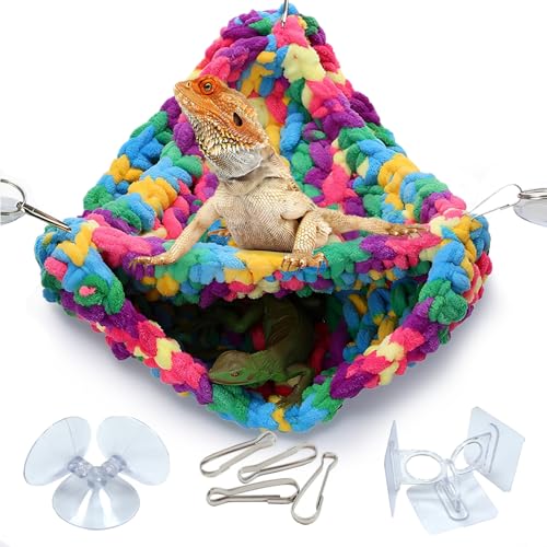 QWR Soft Reptile Hammock,Double-Layer Hammock for Bearded Dragon Tank,Breathable Hanging Swing with Strong Adhesive Hooks,for Lizard Gecko Chameleon(Triangular)