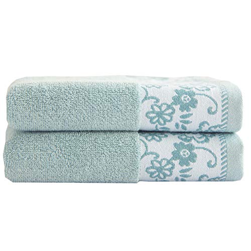 Pidada Cotton Hand Towels Set of 2 Wisteria Floral Pattern Super Soft Highly Absorbent Towel for Bathroom 13 x 29 Inch (Green)