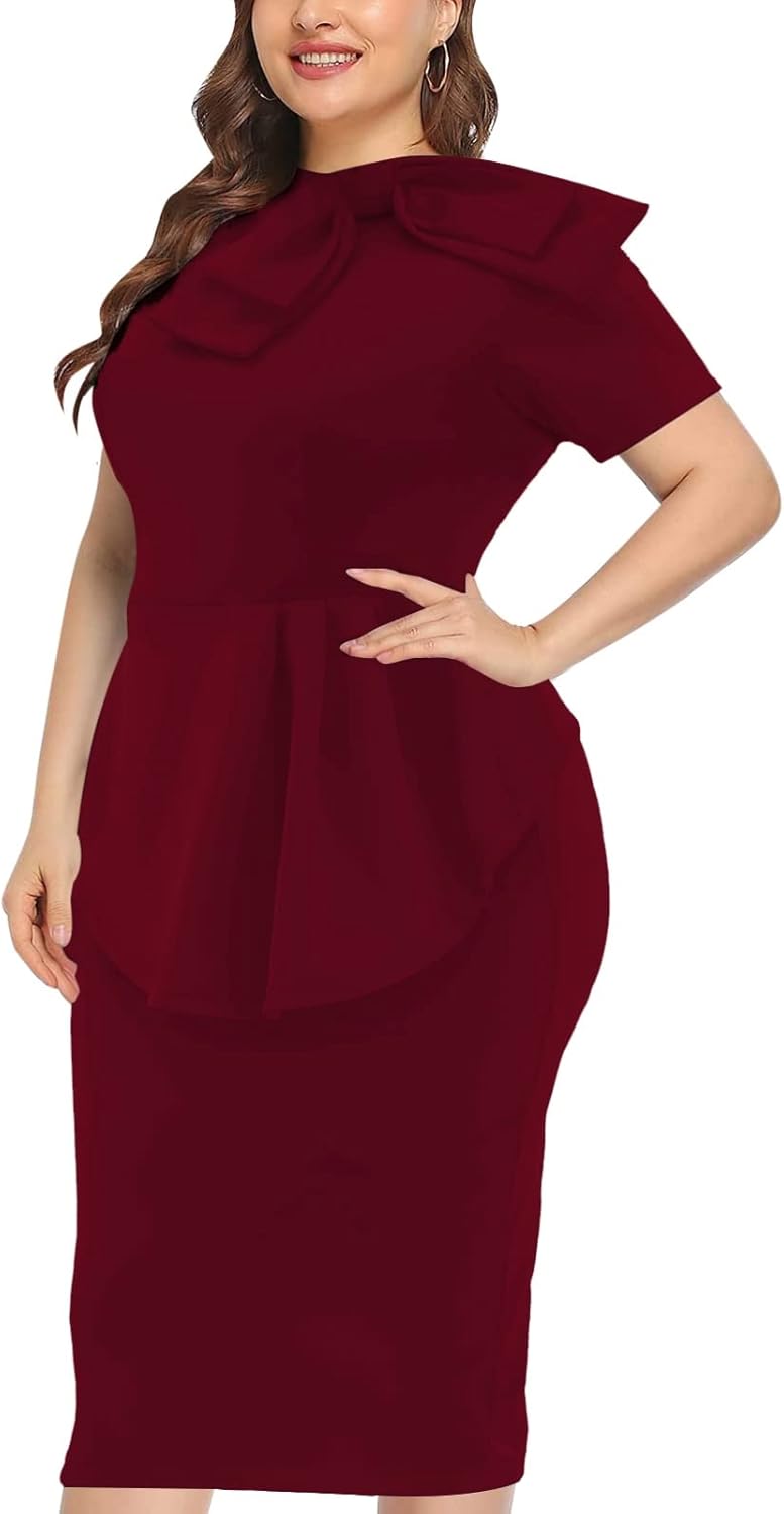 WanMem Plus Size Dress for Curvy Women Semi Formal Cocktail Party Midi Dress Bodycon Short Sleeve Bow Ruffle Pencil Dresses - Image 2
