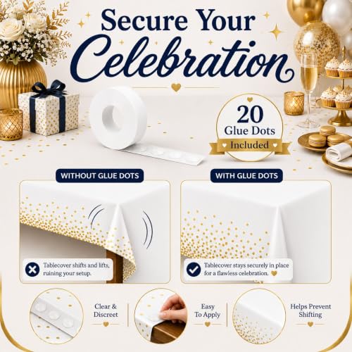 Image of Blue Orchards White and Gold Dots Table Cover (Pack of 3 with 20 glue dots) - 54 inchx108 inch XL - Disposable Bridal Shower Tablecloth, Wedding, Graduation Decoration, Picnic & Golden Birthday Party Supplies