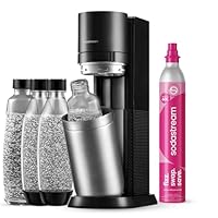 Gasatore d’acqua Duo include cilindro di gas per realizzare fino a 60 L di acqua frizzante, 2 bottiglie da 1 L in plastica, 2 bottiglie in vetro da 1 L, riduce i rifiuti di plastica, colore nero