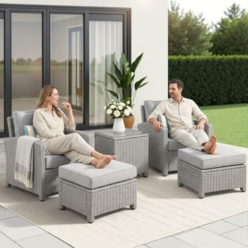 Image of DEVOKO 5 Pieces Patio Furniture Set Outdoor Sofa and Ottoman Set with Cushions & Center Table, HDPE Wicker Rattan for Lawn, Pool, Balcony, Backyard (Silver and Grey)
