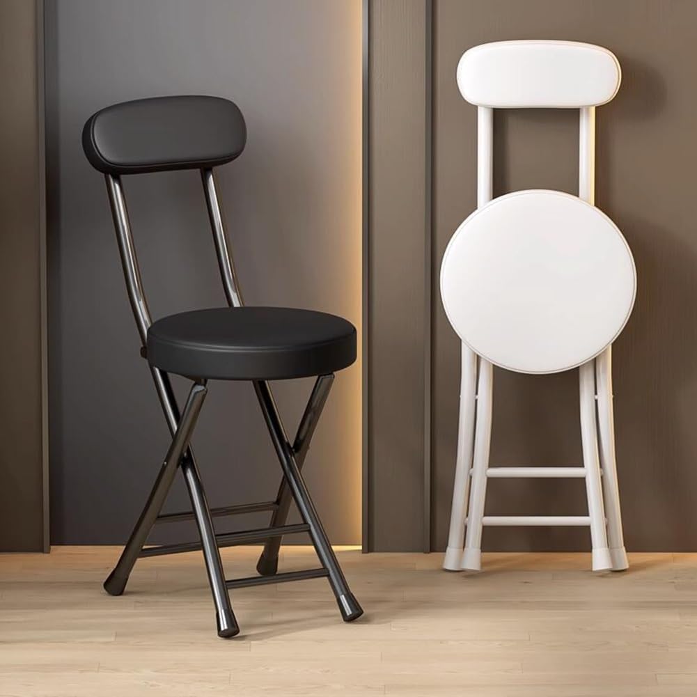 Taburete Plegable de 45cm con Respaldo y Reposapiés,Taburete de Desayuno con Asiento Acolchado Redondo Portátil para Cocina, Comedor, Oficina,Taburete de Bar Plegable (Color : Blanco)