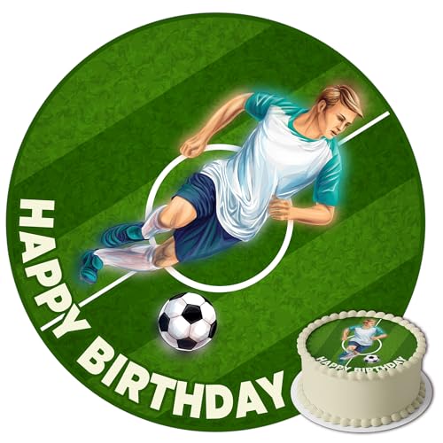 J&M DECO Decoration Gateau Anniversaire - Decoration Gateau Fondant - Décoration Coméstible Football - Cake Topper Rond 20 cm - Décoration avec Papier Comestible - Deco Anniversaire Gateau