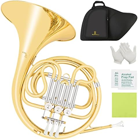 ROWELL Single French Horn,3 Keys Gold Lacquer F French Horn,Big Horn Design Single Row French Horn with Case,Mouthpiece Gloves and Polishing Cloth